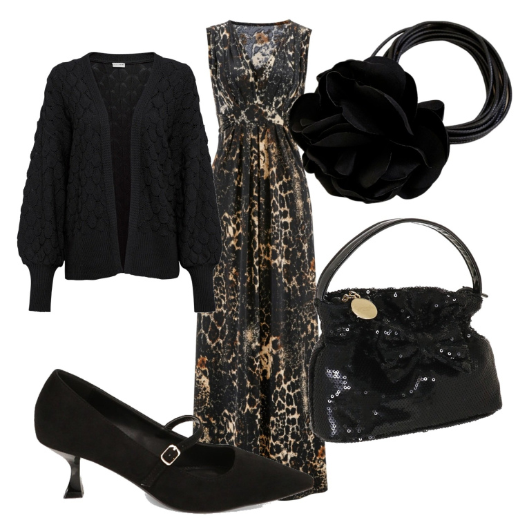 Outfit donna - Qualcosa di diverso. Stile Glamour per Serata fuori. Abbinamento con cardigans, vestiti, décolleté, collane, valigie.