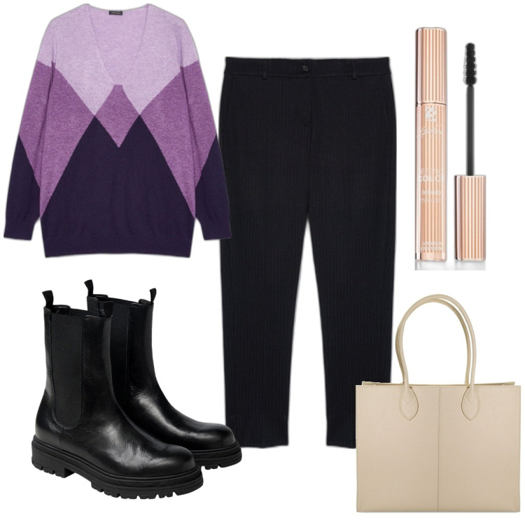 Outfit donna - Total look #1772777. Stile Trendy per Tutti i giorni. Abbinamento con mascara, borse a spalla, maglieria, pantaloni, stivaletti chelsea.