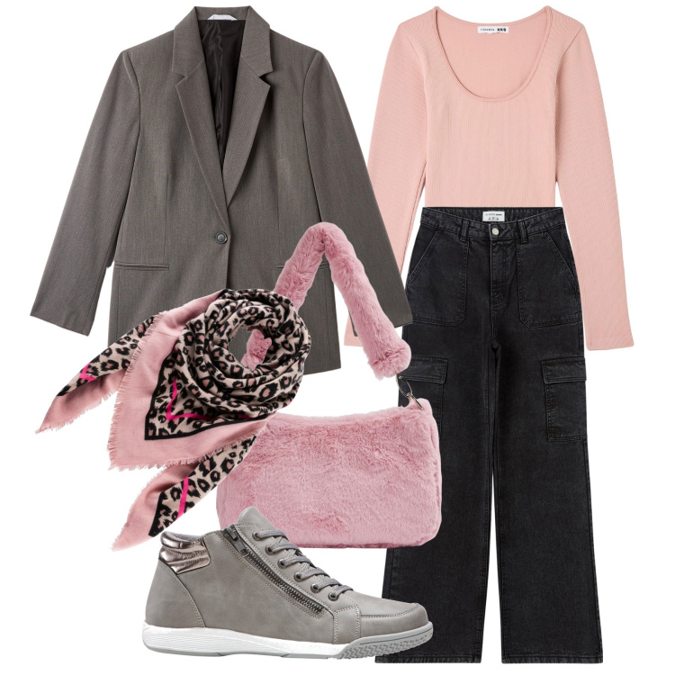 Outfit donna - Pink winter. Stile Casual chic per Tutti i giorni. Abbinamento con foulard, sneakers alte, maglieria, blazer, borse a spalla, jeans.
