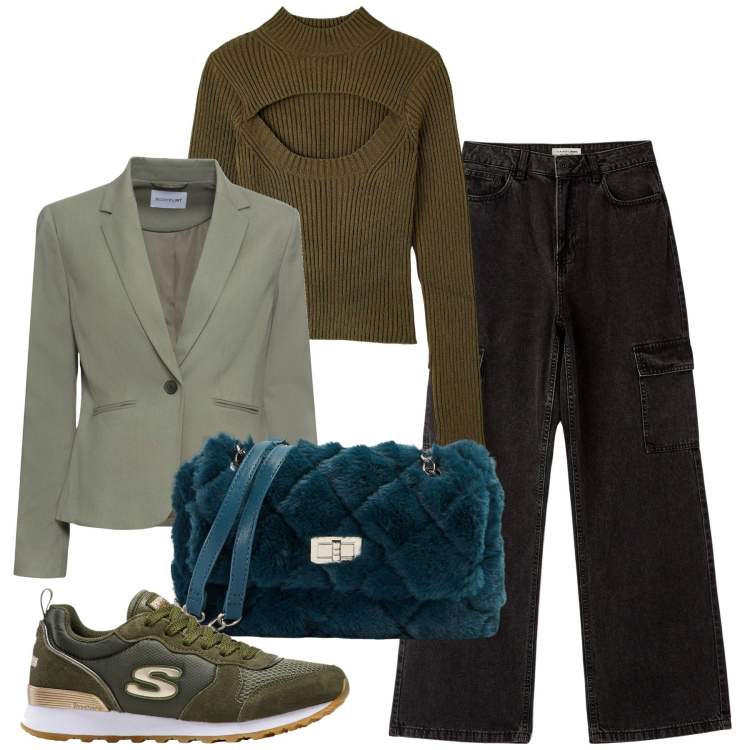 Outfit donna - Basic green. Stile Casual chic per Tutti i giorni. Abbinamento con blazer, sneakers, jeans, maglieria, borse a spalla.
