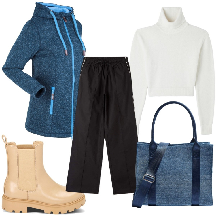 Outfit donna - Total look #1772796. Stile Trendy per Tutti i giorni. Abbinamento con blazer, shopping bag, pantaloni, maglieria, stivaletti chelsea.