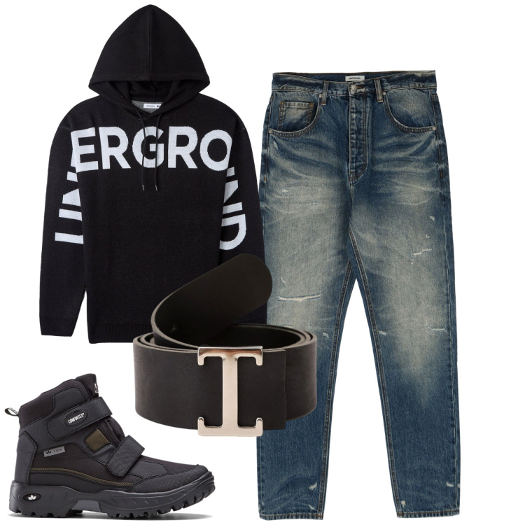 Outfit uomo - Total look #1772797. Stile Casual per Tutti i giorni. Abbinamento con stivali e stivaletti, maglieria, cinture, jeans dritti.