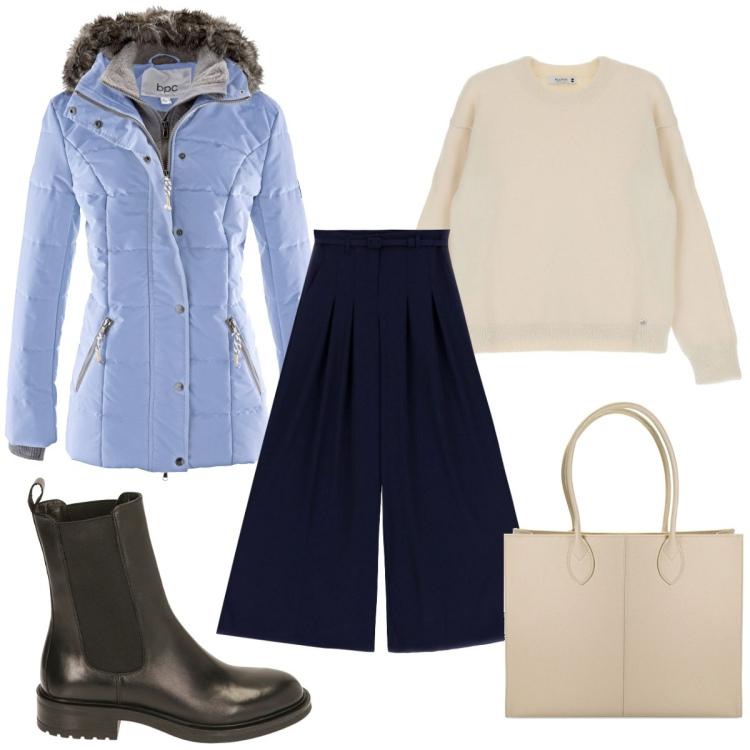 Outfit donna - Total look #1772798. Stile Trendy per Tutti i giorni. Abbinamento con piumini, pullovers, pantaloni a palazzo, stivaletti chelsea, borse a spalla.