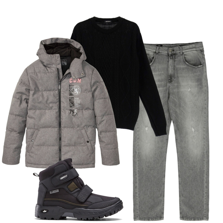 Outfit uomo - Outdoor. Stile Casual per Tutti i giorni. Abbinamento con stivali e stivaletti, giacche, jeans dritti, pullovers.