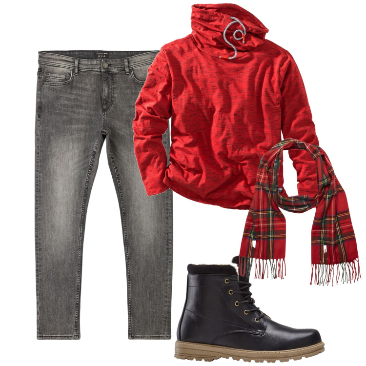 Outfit uomo - City. Stile Casual per Tutti i giorni. Abbinamento con maglieria, stivali e stivaletti, jeans skinny, sciarpe.