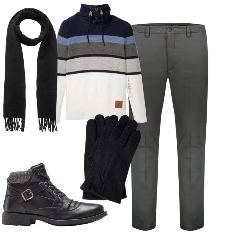 Outfit uomo - City. Stile Casual per Tutti i giorni. Abbinamento con maglieria, stivali e stivaletti, sciarpe, pantaloni chino, guanti.