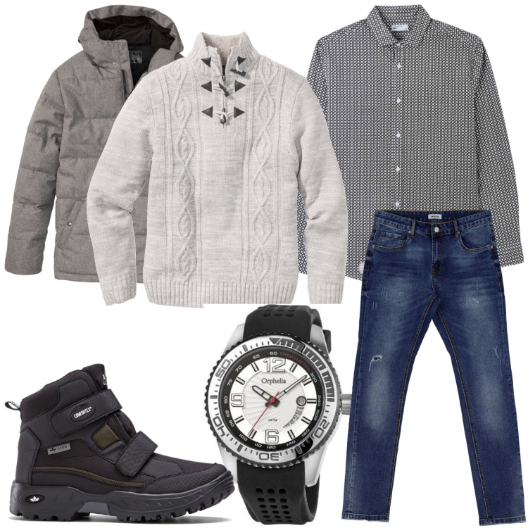 Outfit uomo - Un weekend fuori porta. Stile Casual per Tutti i giorni. Abbinamento con giacche, stivali e stivaletti, maglieria, camicie, jeans slim fit, orologi.