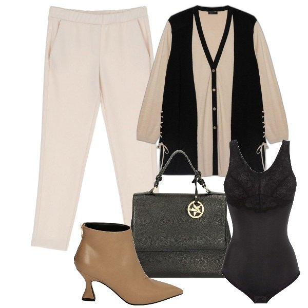 Outfit donna - Ufficio. Stile Basic per Ufficio. Abbinamento con body, pantaloni, stivaletti, borse a mano, cardigans.