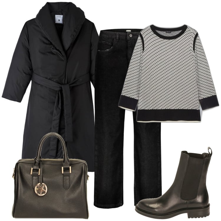 Outfit donna - Black denim. Stile Urban per Tutti i giorni. Abbinamento con maglieria, stivaletti chelsea, borse a mano, jeans, piumini.