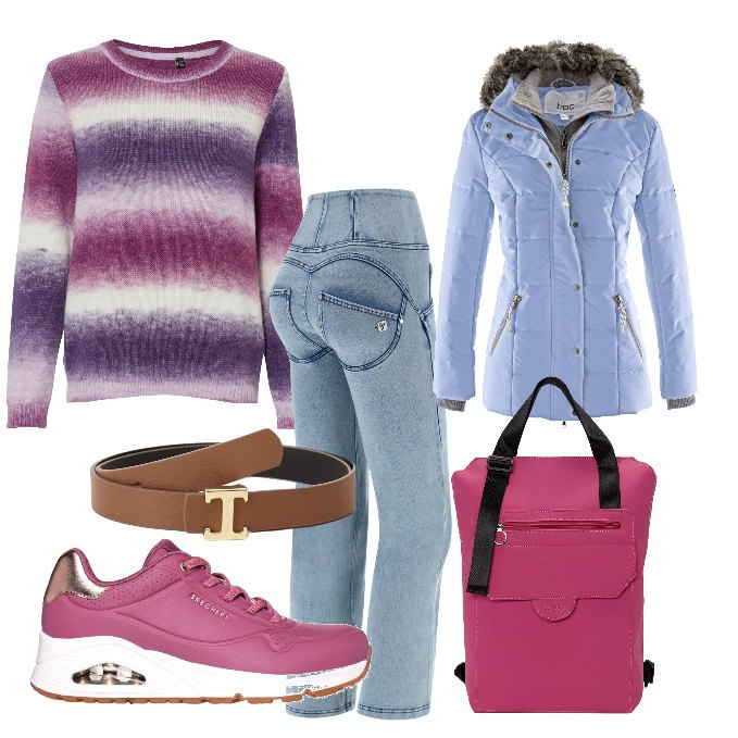 Outfit donna - A lezione in facoltà. Stile Casual per Scuola/Università. Abbinamento con piumini, maglieria, cinture, jeans, sneakers, zaini.