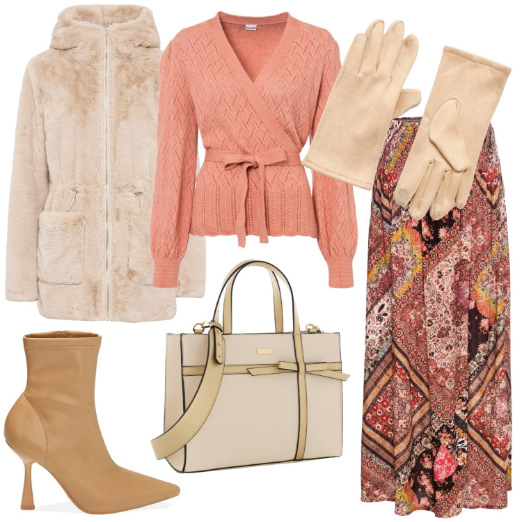Outfit donna - Total look #1772850. Stile Casual per Tutti i giorni. Abbinamento con ecopellicce, maglieria, gonne, guanti, stivaletti, borse a mano.