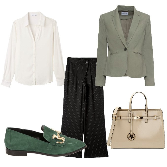 Outfit donna - In ufficio. Stile Casual chic per Ufficio. Abbinamento con blazer, pantaloni a palazzo, camicie, mocassini, borse a mano.