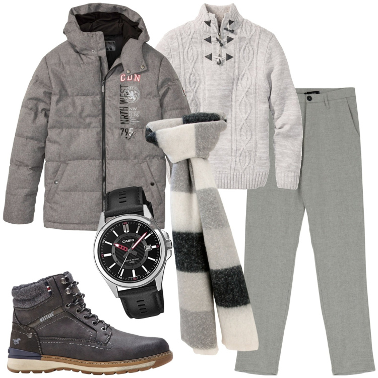 Outfit uomo - Tutti i giorni. Stile Casual per Tutti i giorni. Abbinamento con giacche, maglieria, stivali e stivaletti, pantaloni, sciarpe, orologi analogici.