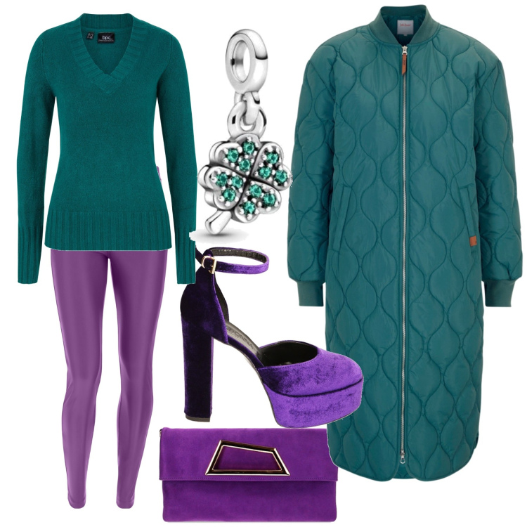 Outfit donna - Verde e viola. Stile Glamour per Serata fuori. Abbinamento con maglieria, cappotti, pantaloni skinny, pochette, décolleté, ciondoli.