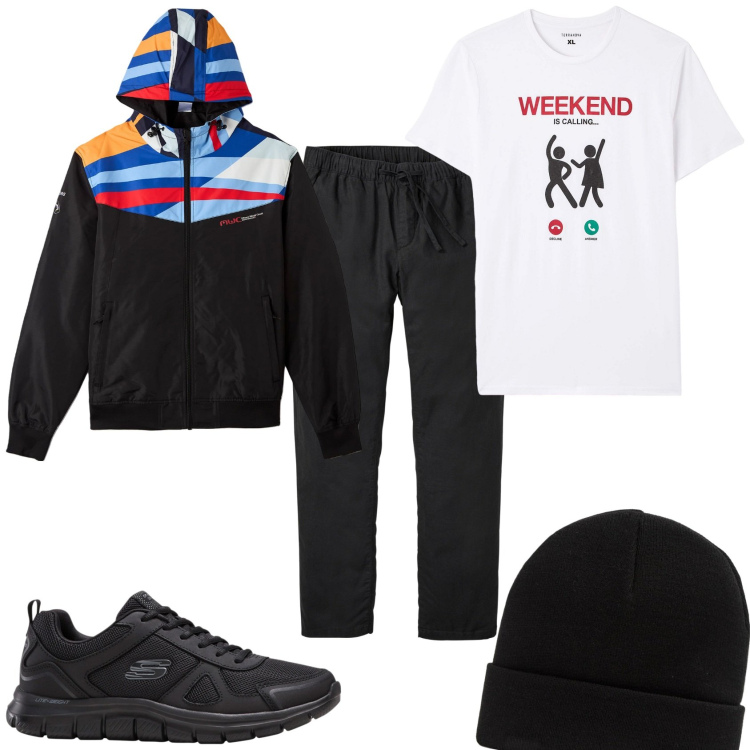 Outfit uomo - Week-end in nero colorato. Stile Urban per Tutti i giorni. Abbinamento con sneakers, pantaloni chino, giacche, cappelli, t-shirt.