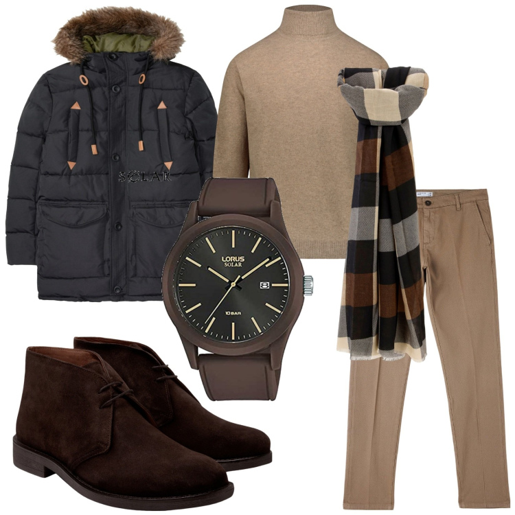 Outfit uomo - Al cinema per C\'è ancora Domani. Stile Urban per Tutti i giorni. Abbinamento con giacche, pantaloni chino, sciarpe e foulard, orologi, stivali, maglieria.