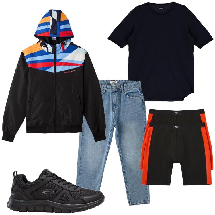 Outfit uomo - Giacca a vento. Stile Casual per Tutti i giorni. Abbinamento con sneakers, boxer, jeans, giacche, t-shirt.