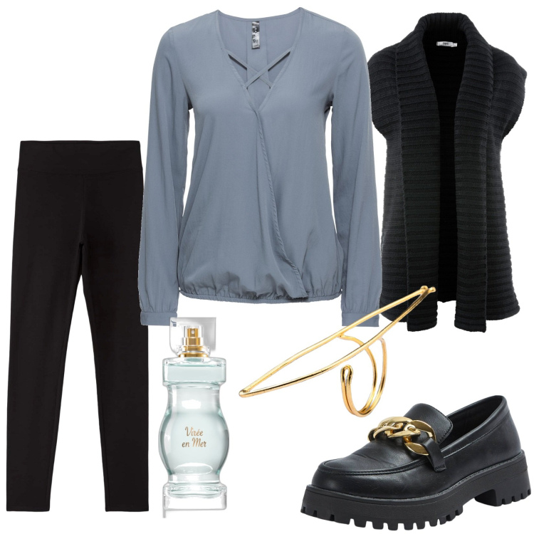 Outfit donna - Total look #1772915. Stile Trendy per Tutti i giorni. Abbinamento con bluse, gilet, profumi, mocassini, leggings, anelli.