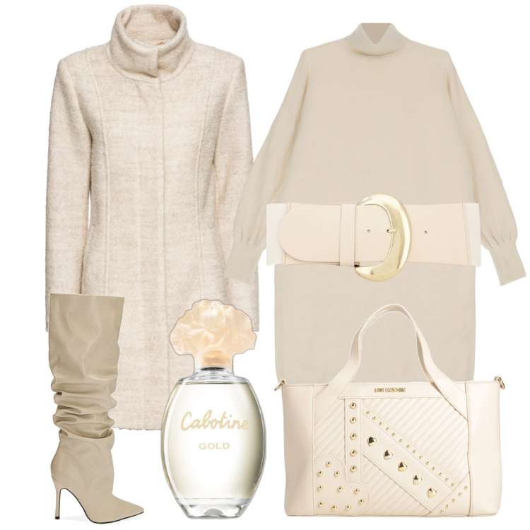 Outfit donna - Curvy Monochrome. Stile Casual chic per Ufficio. Abbinamento con cappotti, borse a mano, profumi, vestiti corti, stivali, cinture.