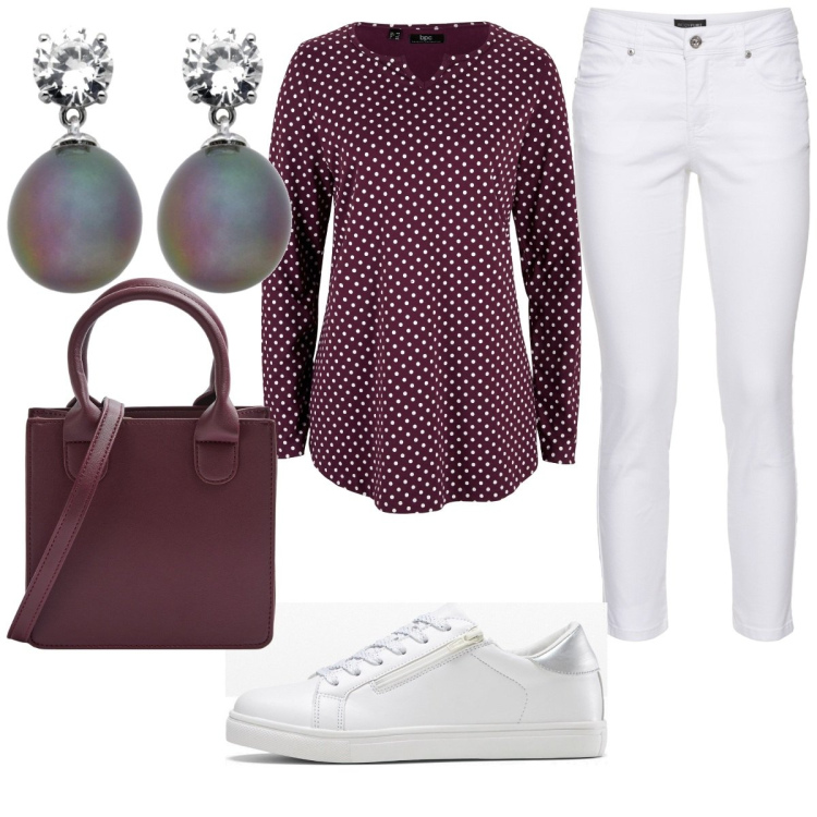 Outfit donna - Total look #1772923. Stile Casual chic per Ufficio. Abbinamento con maglieria, sneakers, pantaloni, shopping bag, orecchini.