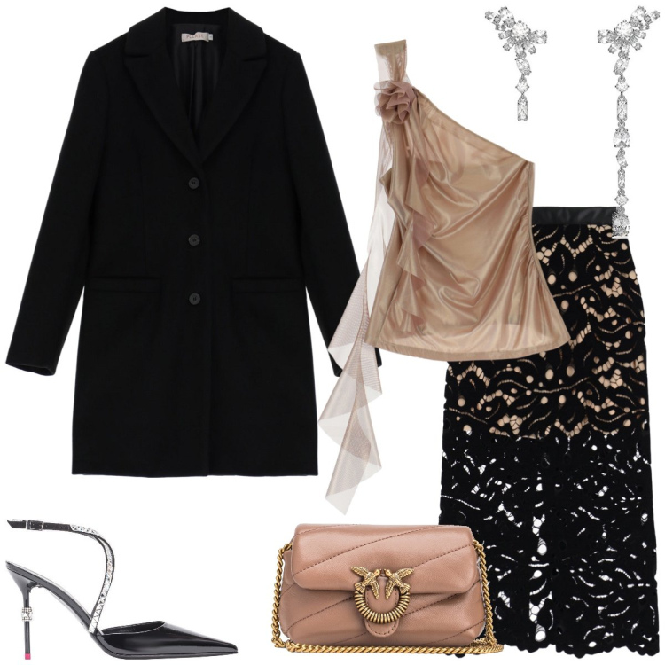 Outfit donna - Feste in pizzo. Stile Glamour per Serata fuori. Abbinamento con cappotti, borse a tracolla, scarpe col tacco, gonne longuette, top, orecchini.