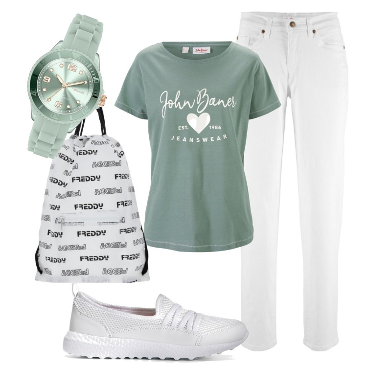 Outfit donna - Total look #1772954. Stile Casual per Scuola/Università. Abbinamento con t-shirt, sneakers, jeans mom, zaini, orologi analogici.