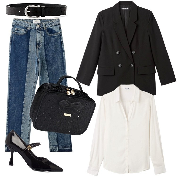 Outfit donna - Total look #1772955. Stile Sporty chic per Serata fuori. Abbinamento con cinture, jeans dritti, camicie, blazer, décolleté, valigie.