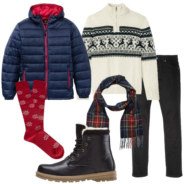 Outfit uomo - Idee sotto l\'albero. Stile Casual per Tutti i giorni. Abbinamento con maglieria, jeans slim fit, stivali e stivaletti, giacche, sciarpe, calzini.