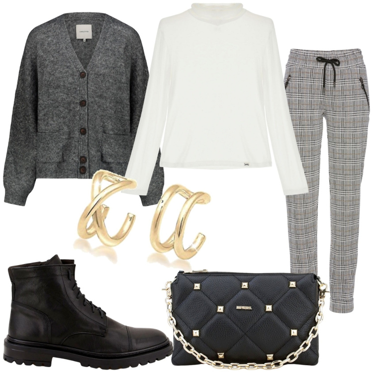 Outfit donna - In grigio perla sportivo ma con classe. Stile Casual chic per Tutti i giorni. Abbinamento con pantaloni, maglieria, pochette, scarpe stringate, cardigans, orecchini.