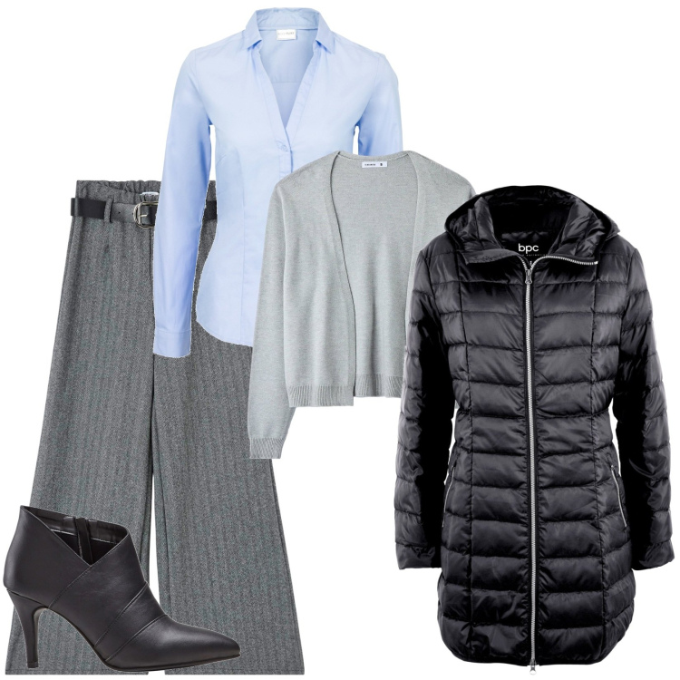 Outfit donna - Pantaloni palazzo. Stile Bon Ton per Tutti i giorni. Abbinamento con camicie, piumini, stivaletti, pantaloni, cardigans.