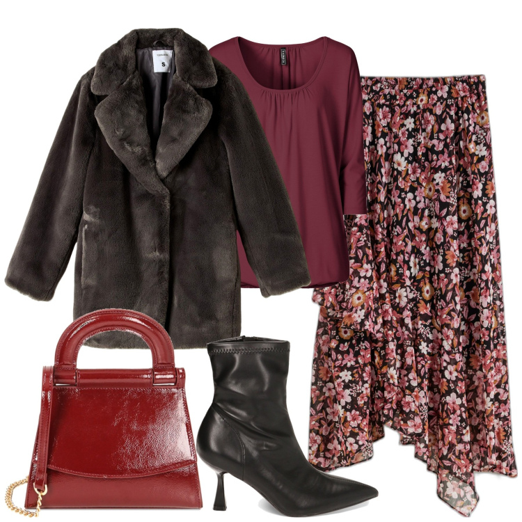 Outfit donna - In città. Stile Romantica per Tutti i giorni. Abbinamento con maglieria, gonne, ecopellicce, borse a mano, stivaletti.