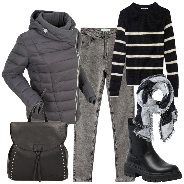 Outfit donna - In città. Stile Basic per Tutti i giorni. Abbinamento con sciarpe, giacche, jeggings, maglieria, stivali sopra il ginocchio, zaini.