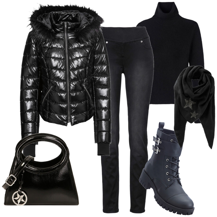 Outfit donna - In città. Stile Casual chic per Tutti i giorni. Abbinamento con jeans dritti, foulard, stivaletti, cappotti, maglieria, borse a spalla.