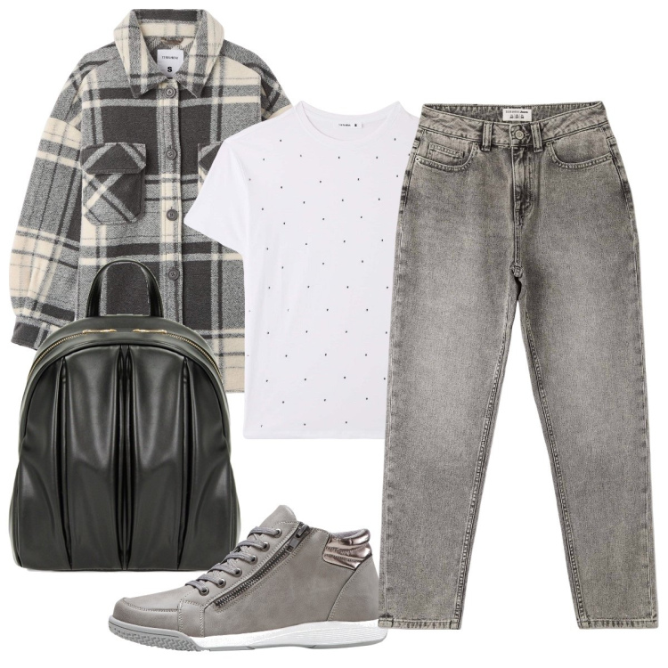 Outfit donna - Total look #1773022. Stile Casual per Tutti i giorni. Abbinamento con sneakers alte, cappotti, jeans mom, t-shirt, zaini.