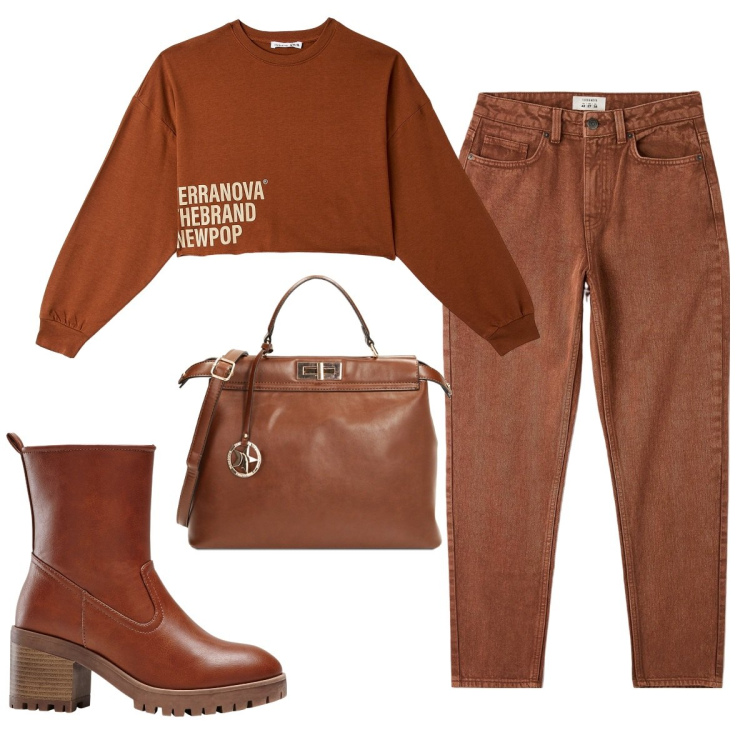 Outfit donna - Total look #1773026. Stile Trendy per Tutti i giorni. Abbinamento con stivaletti, jeans mom, t-shirt, borse a mano.