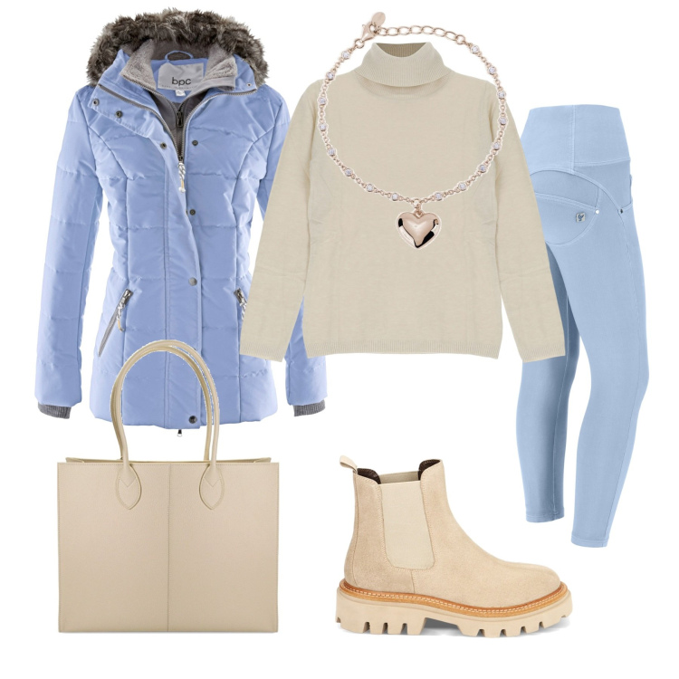 Outfit donna - All\'università in comfort. Stile Casual per Scuola/Università. Abbinamento con piumini, braccialetti, maglieria, pantaloni skinny, stivaletti chelsea, borse a spalla.