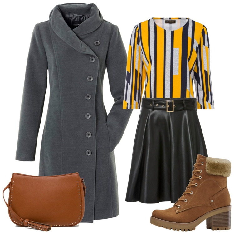 Outfit donna - Righe luminose. Stile Casual chic per Ufficio. Abbinamento con stivaletti, cappotti, maglieria, gonne, borse a tracolla.
