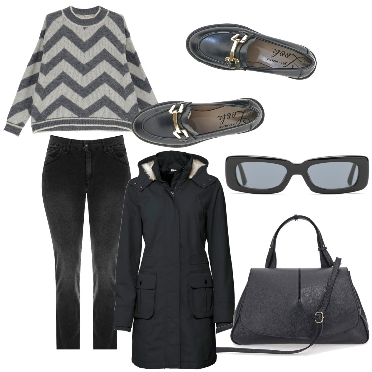 Outfit donna - Una giornata di sole e brina. Stile Casual per Ufficio. Abbinamento con parka, jeans, maglieria, mocassini, borse a tracolla, occhiali da sole.