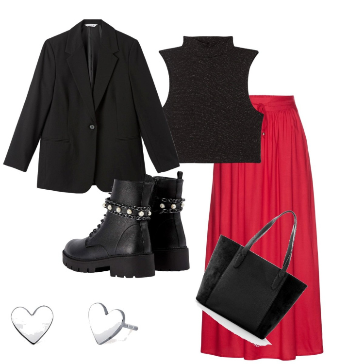 Outfit donna - Gonna rossa. Stile Chic per Scuola/Università. Abbinamento con shopping bag, gonne lunghe, anfibi, top, blazer, orecchini.