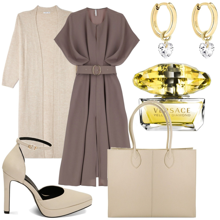 Outfit donna - Abito midi monocolore. Stile Glamour per Tutti i giorni. Abbinamento con profumi, cardigans, vestiti midi/longuette, borse a spalla, décolleté, orecchini.