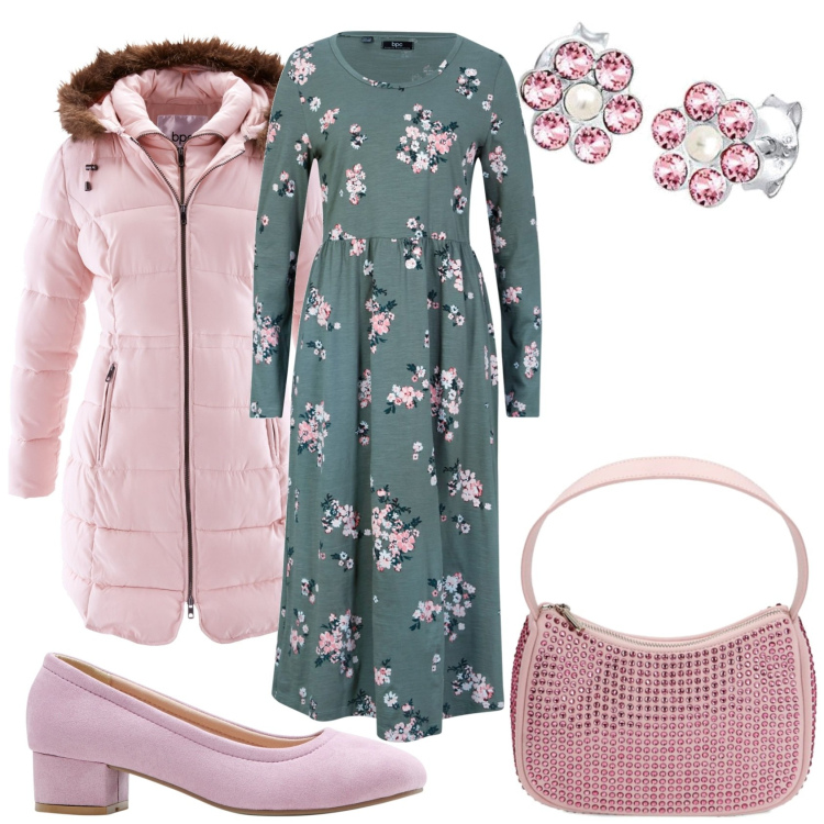 Outfit donna - Abito lungo e svasato fiorato. Stile Glamour per Tutti i giorni. Abbinamento con giacche, vestiti lunghi, décolleté, borse a spalla, orecchini.