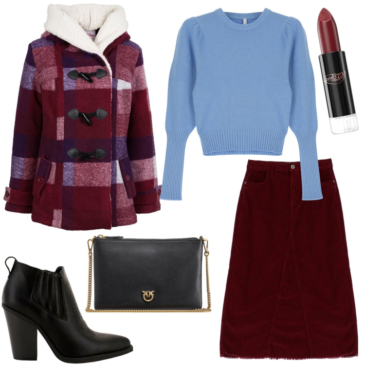 Outfit donna - Casual. Stile Casual per Tutti i giorni. Abbinamento con blazer, rossetti, borse a tracolla, gonne longuette, pullovers, stivaletti.