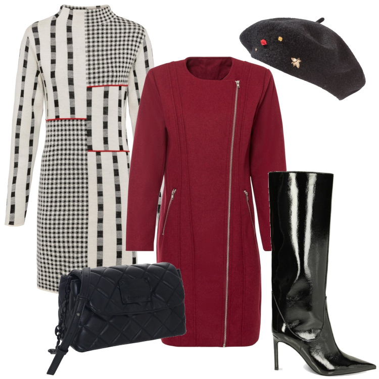 Outfit donna - Un vestito per le feste. Stile Urban per Tutti i giorni. Abbinamento con cappelli e berretti, vestiti, cappotti, stivali sopra il ginocchio, borse a tracolla.