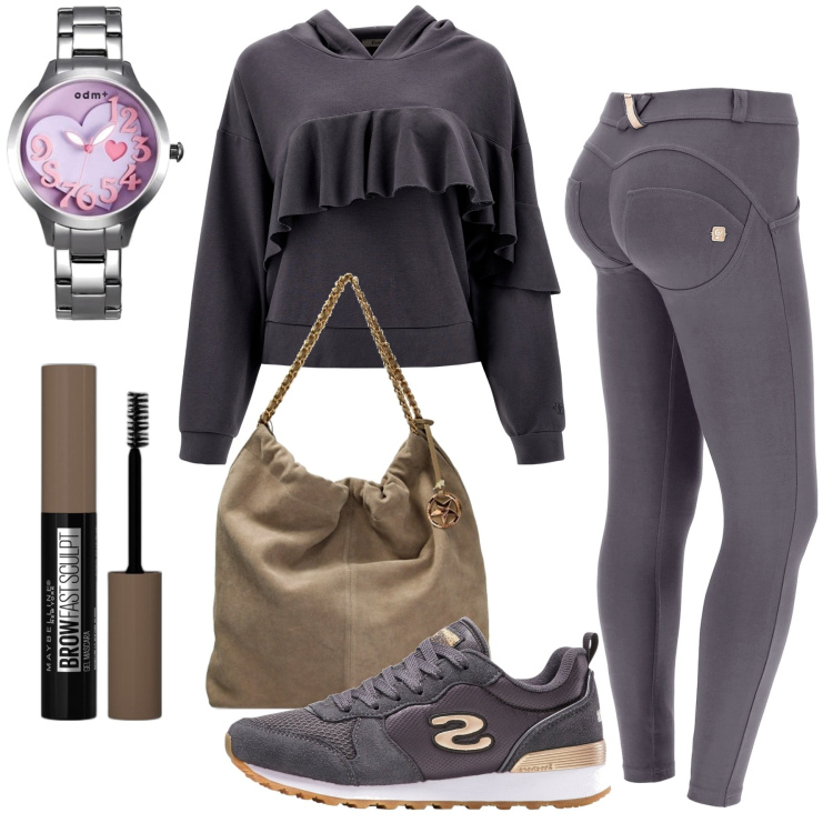 Outfit donna - La felpa con le rouches. Stile Casual per Tutti i giorni. Abbinamento con sneakers, mascara, pantaloni skinny, felpe con cappuccio, borse a spalla, orologi.