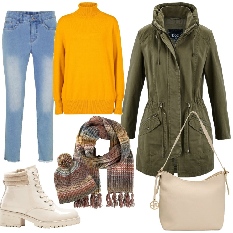 Outfit donna - Sole d’inverno. Stile Casual per Tutti i giorni. Abbinamento con parka, sciarpe, maglieria, stivaletti, jeans skinny, borse a spalla.