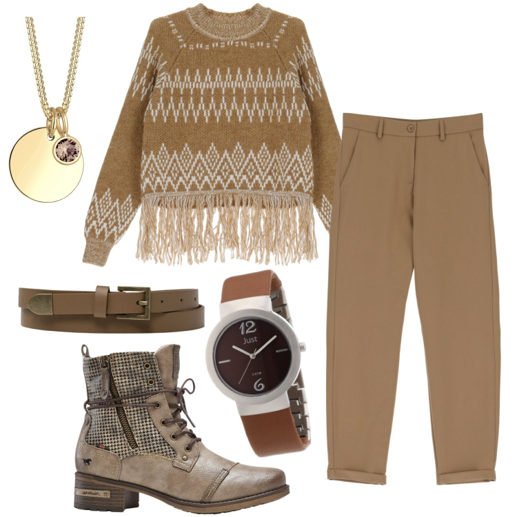 Outfit donna - Maglione con le frange. Stile Etnico per Tutti i giorni. Abbinamento con stivaletti, maglieria, pantaloni capri, cinture, orologi, collane.