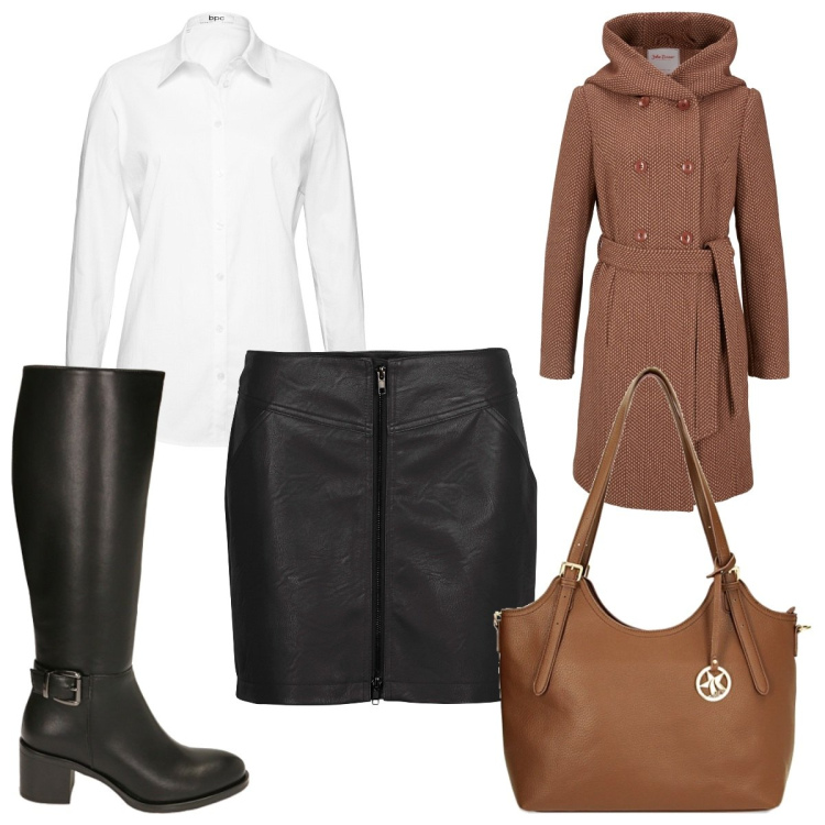 Outfit donna - Total look #1773176. Stile Trendy per Tutti i giorni. Abbinamento con camicie, minigonne, cappotti, borse a spalla, stivali sopra il ginocchio.