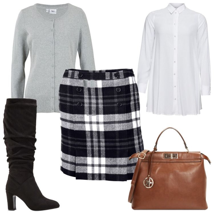 Outfit donna - Total look #1773180. Stile Trendy per Tutti i giorni. Abbinamento con camicie, cardigans, minigonne, stivali sopra il ginocchio, borse a mano.