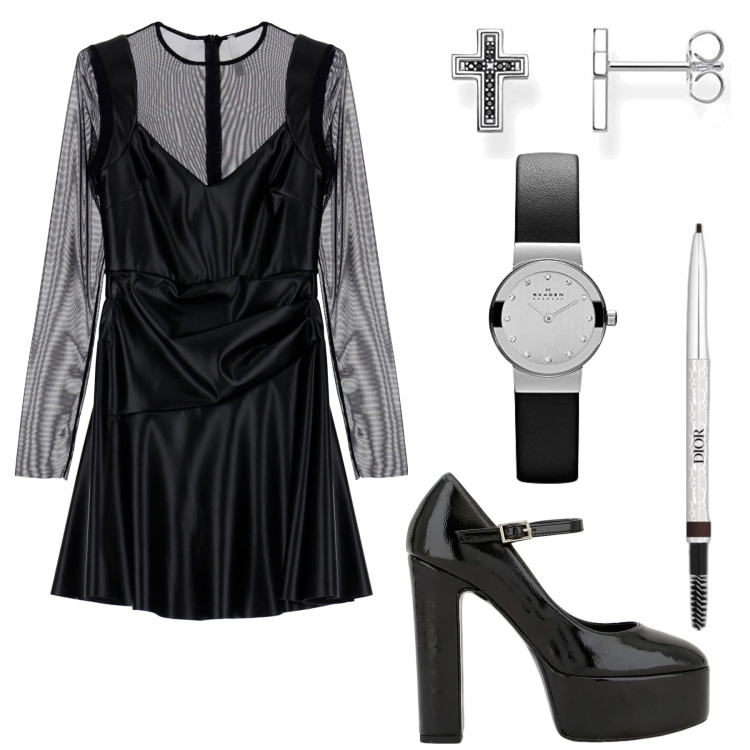Outfit donna - Gothic chic. Stile Rock per Serata fuori. Abbinamento con eyeliner, décolleté, vestiti corti, orecchini, orologi.
