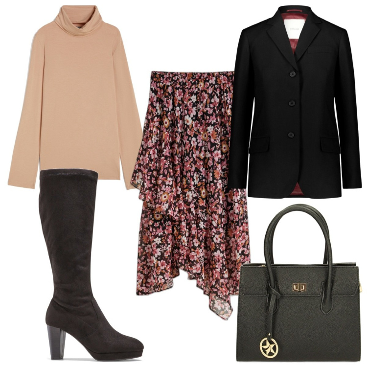 Outfit donna - Total look #1773182. Stile Trendy per Tutti i giorni. Abbinamento con gonne, stivali sopra il ginocchio, maglieria, borse a mano, blazer.